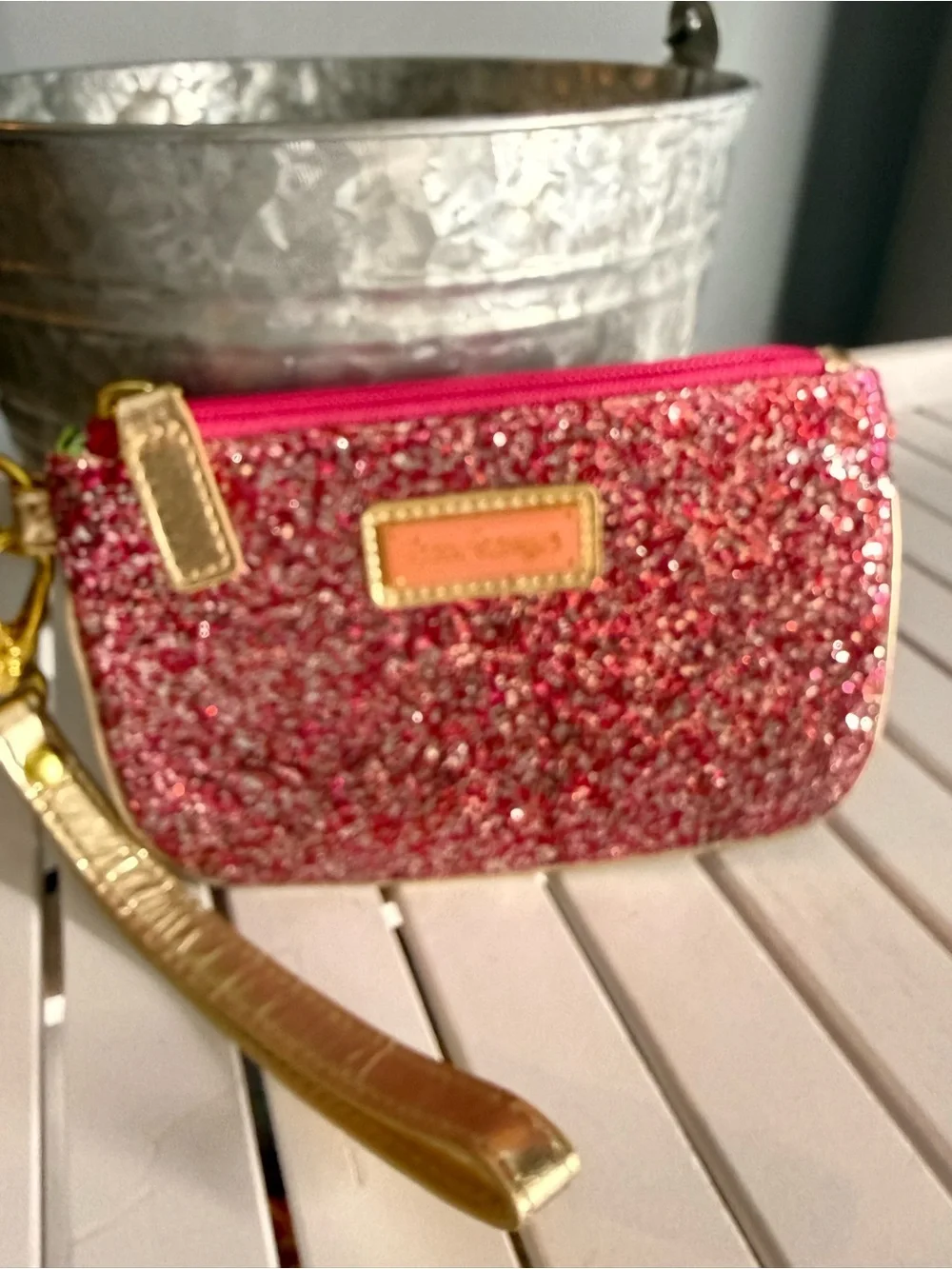 VINTAGE LILY PULITZER CLUTCH Pink Sparkle with Hand Strap EUC